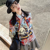 Graffiti Long Sleeve Button Up Shirt Fall 2021 Womens Fashion Top Ribbon Collared Shirt Blouse Streetwear