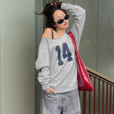 Number Printed One Shoulder Loose Sweatshirt- Outfit