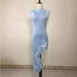 Asymmetrical Wavy Hem Round Collar Knit Midi Dress-Outfit