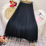 Both Sides Wear Pearls Mesh Skirt Women 2025 Summer Velvet High Waist Long Skirts Woman Solid Color A Line Pleated Skirts 211-1-Outfit