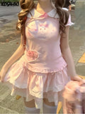 Kawaii Lace Patchwork T-shirt Women Cartoon Printing Y2k Aesthetic Graphic T Shirts Harajuku Sweet Bow Tops Cute