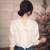 Long Sleeve White Blouse Women Back Bow V-neck Korean Style Solid Tops Chiffon Blouse Office Lady Style