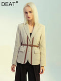 Fashion Women's Blazer Notched Collar Single Breasted Spliced PU Leather Belt Suit Jackets Autumn 2023 New Tide