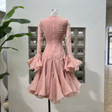 Flower Fairy Vietnamese Designer Lengthen Row Buckle Long-Sleeved Dress Petals Superimposed Geometric Tailoring Body Gentle