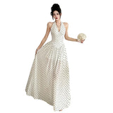 Spring And Summer New Women's Dress French Sister Bo Dot Hanging Neck Dress Women's High Sense V To Receive The Waist Big