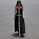 Black Tube Ruched Lace Up Maxi Dress-Outfit