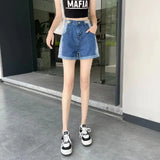 Shorts Jeans Blue Gradient Flanging High Waist Adjustable Vintage Casual Baggy Straight Denim Hot Pants Ladies