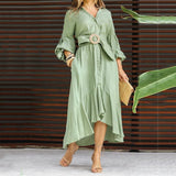 Zingj Dress West Dress Fashion Casual Full Sleeve V-Neck Lapel Solid And Pocket Dress-Outfit