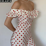 Polka Dot Printed Dress Off Shoulder Ruffles Summer Fashion Party Maxi Dresses for Women Beautiful Going Out Female