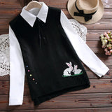Student College Wind Sweater Vest Female Cartoon Pattern Embroidery Round Neck Sleeveless Irregular Sweater Vest