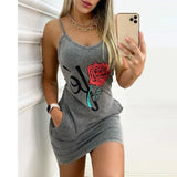 New Spaghetti Straps O Neck Women's Sleevele Mini Dress 2021 Casual Plus Size Bodycon Pocket Rose Print Lady Dress