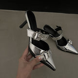 Zingj Niche 2023 Pointed Belt Buckle Fine Heel Sandals Female Back Empty High Heel Head Sandals Female Summer Wear-Outfit