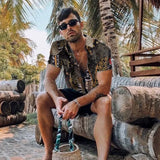 Vintage Print Men Lapel Shirts New Casual 2021 Summer Loose Short Sleeve Button Shirt Tops Mens Clothing Fashion