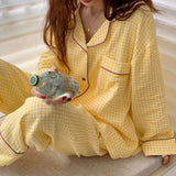 Cotton Women's Pajamas Korean Sleepwear Female 2 Piece Set Pijama Plaid Nightwear Autumn Pyjamas Home Clothes