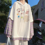 Kawaii Anime Plaid Hoodie Japanese Streetwear Soft Girl Cute Aesthetic Teens Long Sleeve Oversized White Pullover
