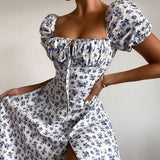 Print Puff Short Sleeve Women Dress High Split Party Long Dresses Elegant Lace Up Sweet Summer Club Sexy