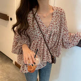 Chiffon Shirt Women Sweet Tops Blouse 2021 Spring New Korean Floral Print Long Sleeve Casual Loose Slim Lady Clothes