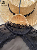 American Sexy Sheer Lace Blouse Women Short Sleeves Hotsweet Chiffon Shirt Fashion Hollow Out Chest Slim Summer