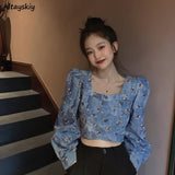 Shirts Women Puff Sleeve Autumn All-match Square Collar Floral French Retro Elegant BF Style Casual Female Blouses