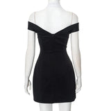 Black Off-Shoulder Contrast Halter Buttoned Mini Dress-Outfit