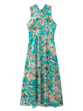 Women Green Printed Sleeveless Midi Dress Elegant Female Backless For Dancing Party Chic Femme