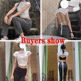 Sexy Backless Crop Tops Women 2022 Summer Fashion Bandage White T-shirts Woman Korean Short Sleeve Cropped Tee Hot