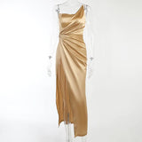 Spring Summer One Shoulder Sleeveless High Split Evening Dress Women Solid High Waist Long Maxi Formal Party Dresses