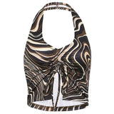 Summer Print Sleeveless Backless Tank Top Women V Neck Sexy Halter Crop Tops Tees Vintage Fashion Camisole