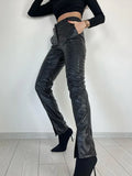 Faux Pu Leather Pants Women Split Serpentine High Waist Autumn E-Girl Korean Fashion Techwear Urban Clothing