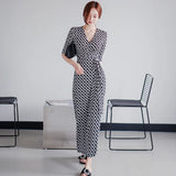 Zingj New Korean Version Of OL Temperament V Collar Slim Lace-Up Print Dress Fashion Middle Sleeve Wrap