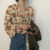 Women Retro Floral Chic Chiffon Spring Fall Fashion Korean Ladies Blusas Mujer Lace-up Design Soft Female Shirts Top
