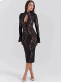 Black Lace Front Slit Long Sleeve Midi Dress- Outfit