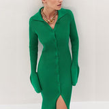 LongSleeve Bodycon Knitted Maxi Sweater Long Dress Lady Elegant Female Turn Down Collar Midi Split Slim Dresses