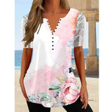 Summer Print Lace Blouse 2023 Women V-neck Loose Hollow Out Short Sleeve Shirt Buttons Long Tops Slim Mujer Ladies