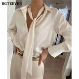 Chic Turn-down Collar Scarf Women Shirts 2021 Spring Summer Ladies Single-breasted Blouses Tops Elegant Female