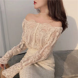Fashion Women Lace Shirts Slash Neck Off Shoulder Long Sleeve Slim Lace Blouse Sexy Summer Top Femme Blusa