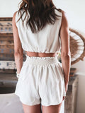 Women Solid 2PCS Set Summer O-Neck Sleeveless Shorts Slim Pocket Loungewear Simple Outfit Short Top Streetwear Ladies