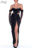 Sexy Off Shoulder Velvet Maxi Corset Dress Lace Black Evening Party Dresses with Gloves Runway Outfits 2023