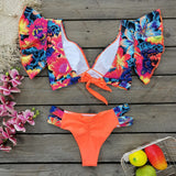 2025 New Sexy Brazilian Bikini Wrinkle Split Body Swimsuit Women Print Lotus