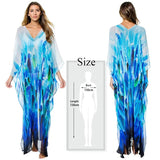 Blue Bohemian Embroidered Batwing Sleeve Side Split Summer Beach Dress Chiffon Tunic Women Plus Size Beachwear kaftan