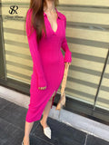 Women Korean Knitted Dress Long Sleeve V Neck Elastic Slim Pencil Dresses 2023 Autumn Sexy Bodycon Split Sweater