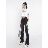 Clothing Flare Jeans Black Lacing High Waist Stretchy Self Cultivation Vintage Casual Baggy Ladies Denim Trouser