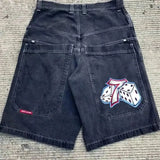 Pocket Embroidered Letter Print Jeans Men's Shorts Summer Vintage Super Wide-Legged Jeans 211-0-Outfit