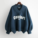 Women Hoodies V-neck Letter Printed Oversized Harajuku Korean Sweatshirts Female Long Sleeve Hooded Streetwear Casual Top