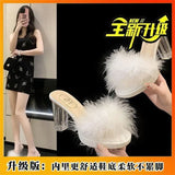 New Summer Sexy High-Heesed Slippers Women's Korean Version Of Rough And Feather Slippers Transparent Belt