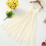 V Neck Spaghetti Strap Long Tulle Dress Women High Waist Knitting Hollow Out Slim Dress Female Sweet Fairy