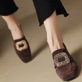 Fragrant Wind Frosted Skin Square Button Water Diamond Rough Heel Single Shoes Female Retro Square Head Middle Heel Loafers Shallow Mouth And Velvet Women's