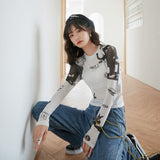 White Mesh Top Long Sleeve Basic Tshirt Women Transparent Tight Top Vintage Printed Summer T Shirt Fashion