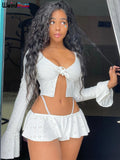 Puss Sexy Beach Vacation Women 2Piece Set Breathable Flare Sleeve Crop Top+Pleated Shorts Matching Party Clubwear