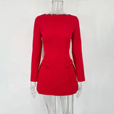 Solid Long Sleeve Bow Mini Dress-Outfit